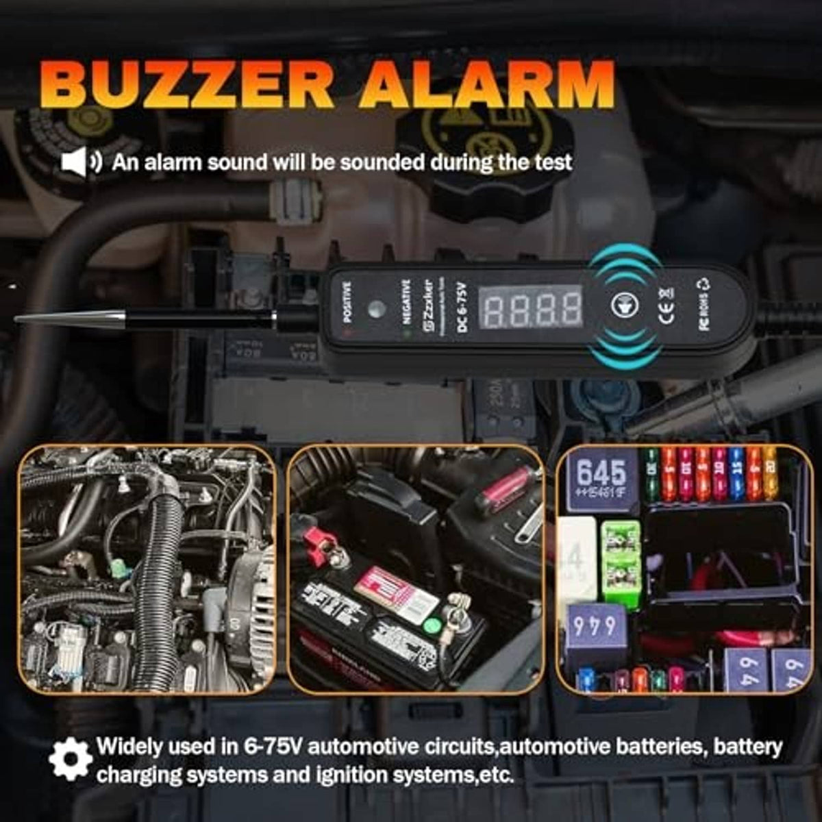 Black DC voltage tester with LED digits, pointed probe, coiled wire, and clamp