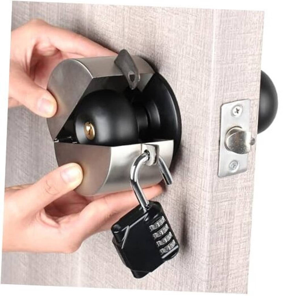 Door knob lock with black numeric keypad and metal shield, shown mounted on a door