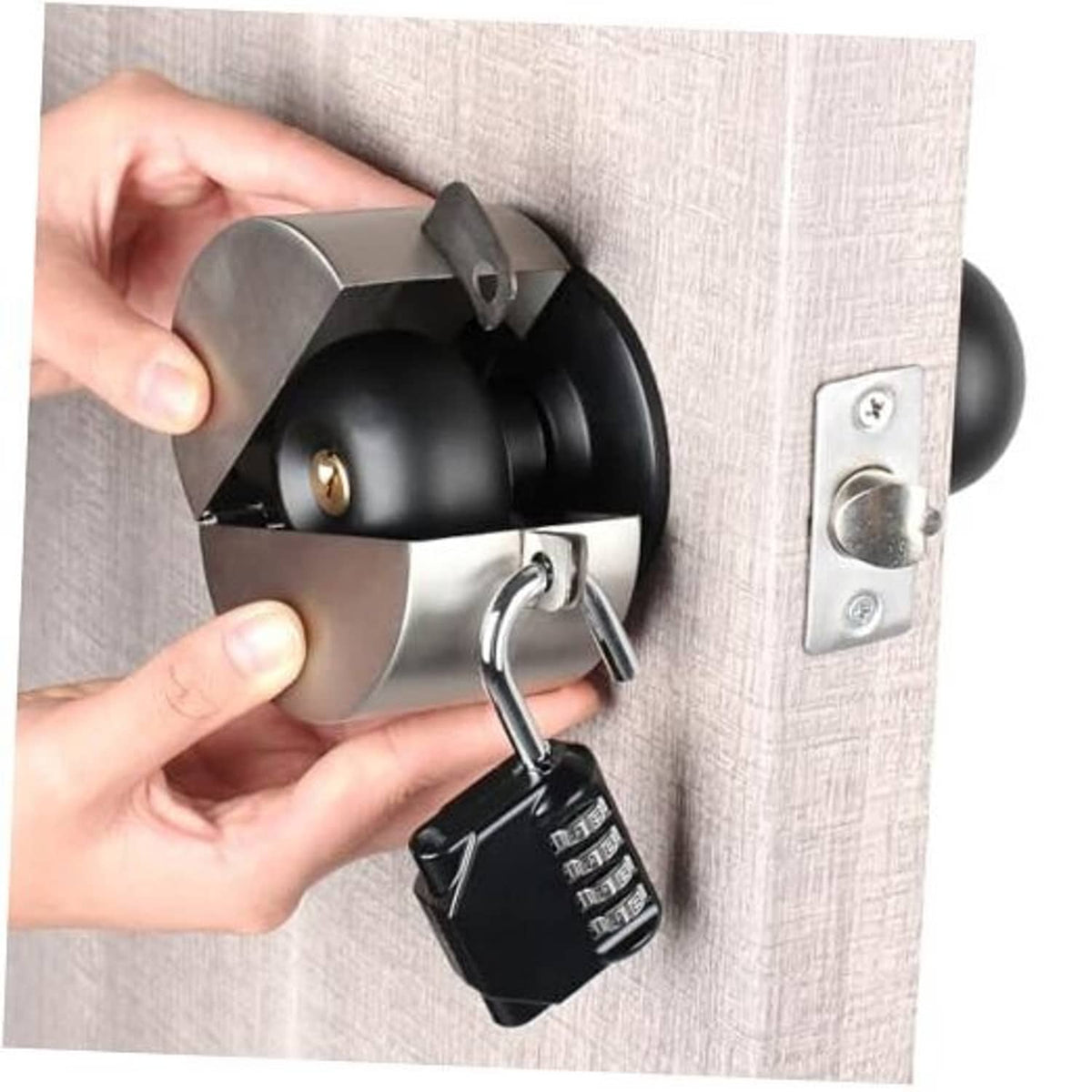 Door knob lock with black numeric keypad and metal shield, shown mounted on a door