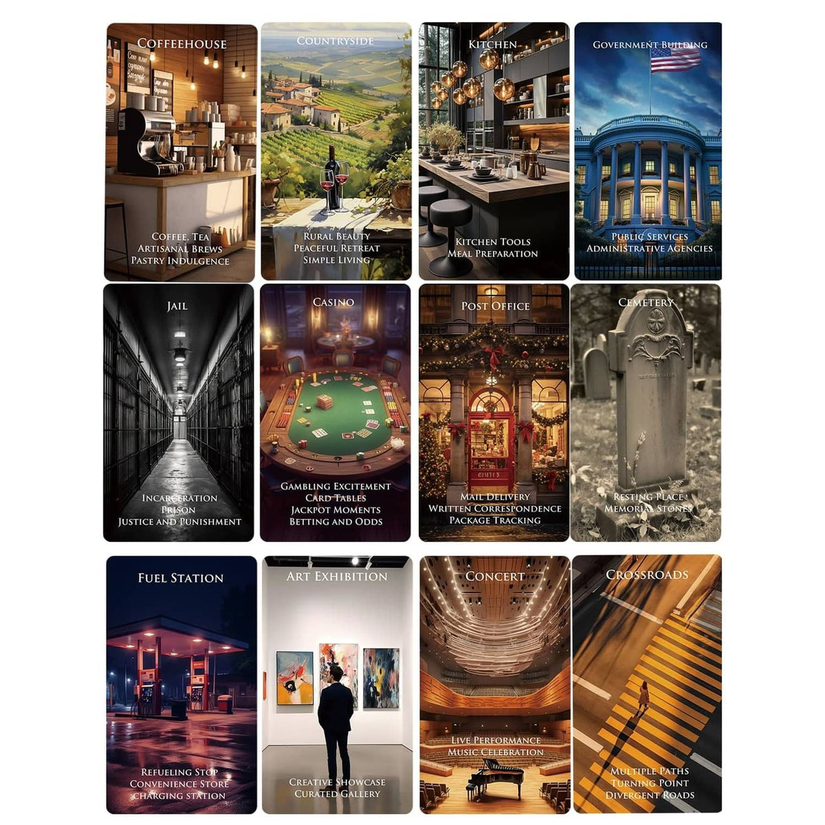78 location cards with category art like office, kitchen, casino, and street scenes