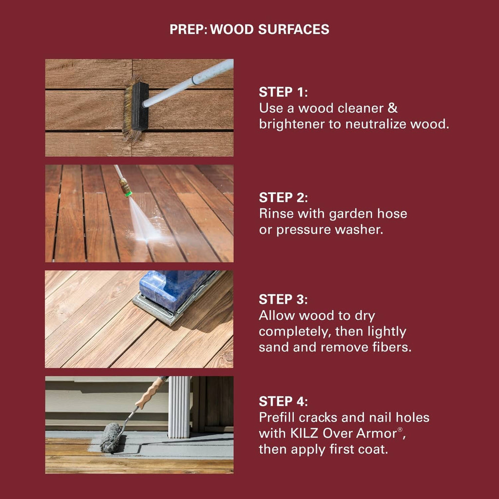 Wood surface prep instruction panel with cleaning, rinsing, sanding, and patching steps
