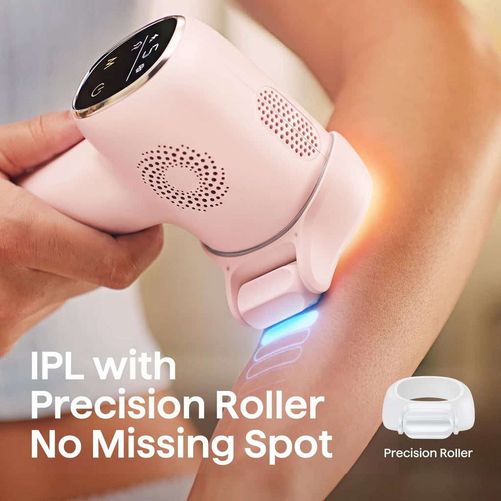 Handheld IPL hair removal device in white with precision roller, lit treatment tip