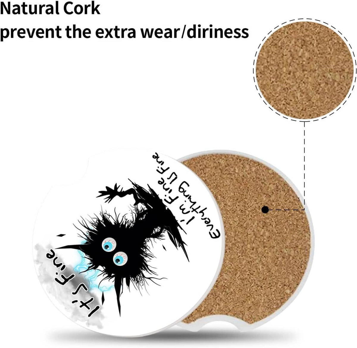Round ceramic coaster with visible cork base texture under and side view