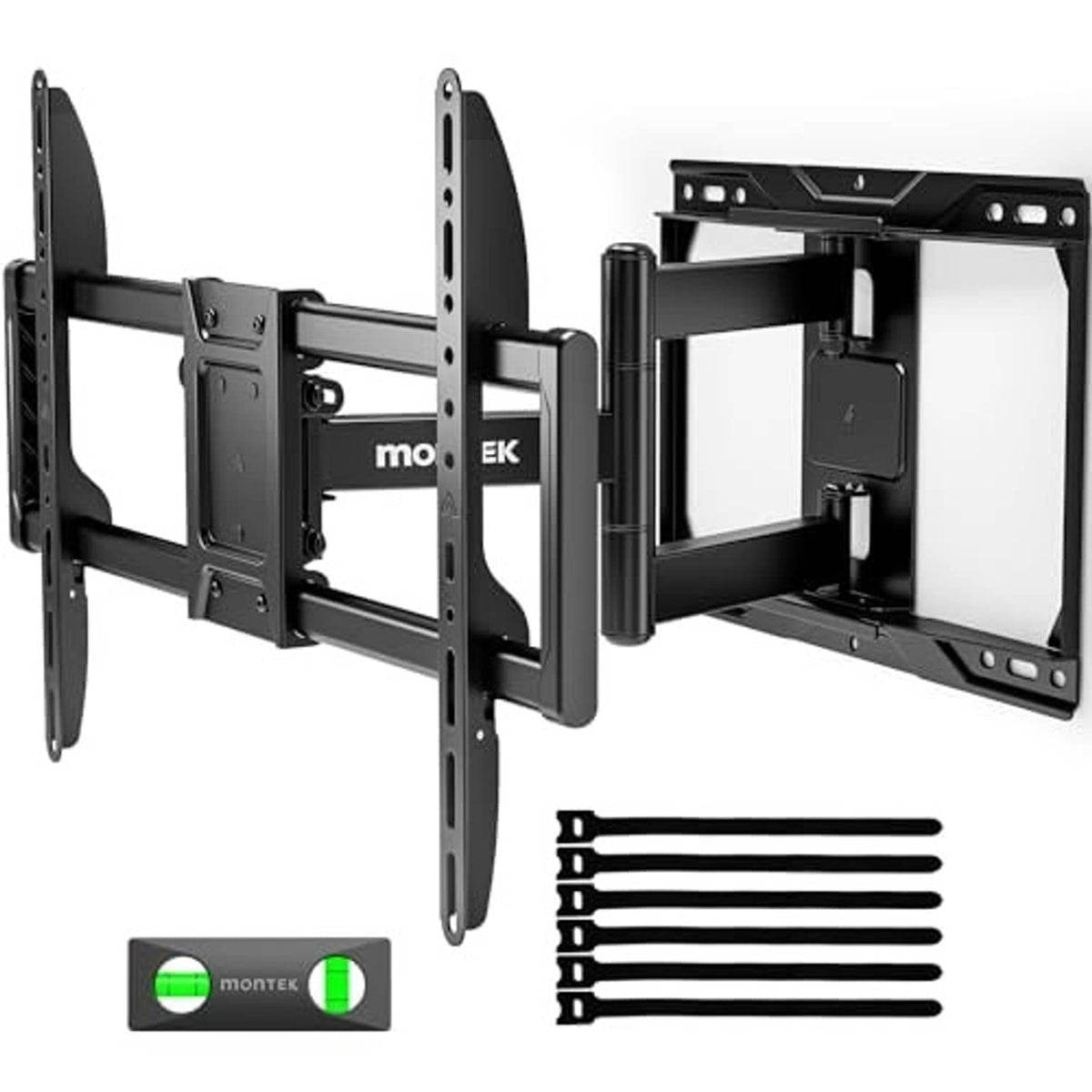 Full motion TV wall mount kit with dark bracket, mounting plate, and accessory hardware