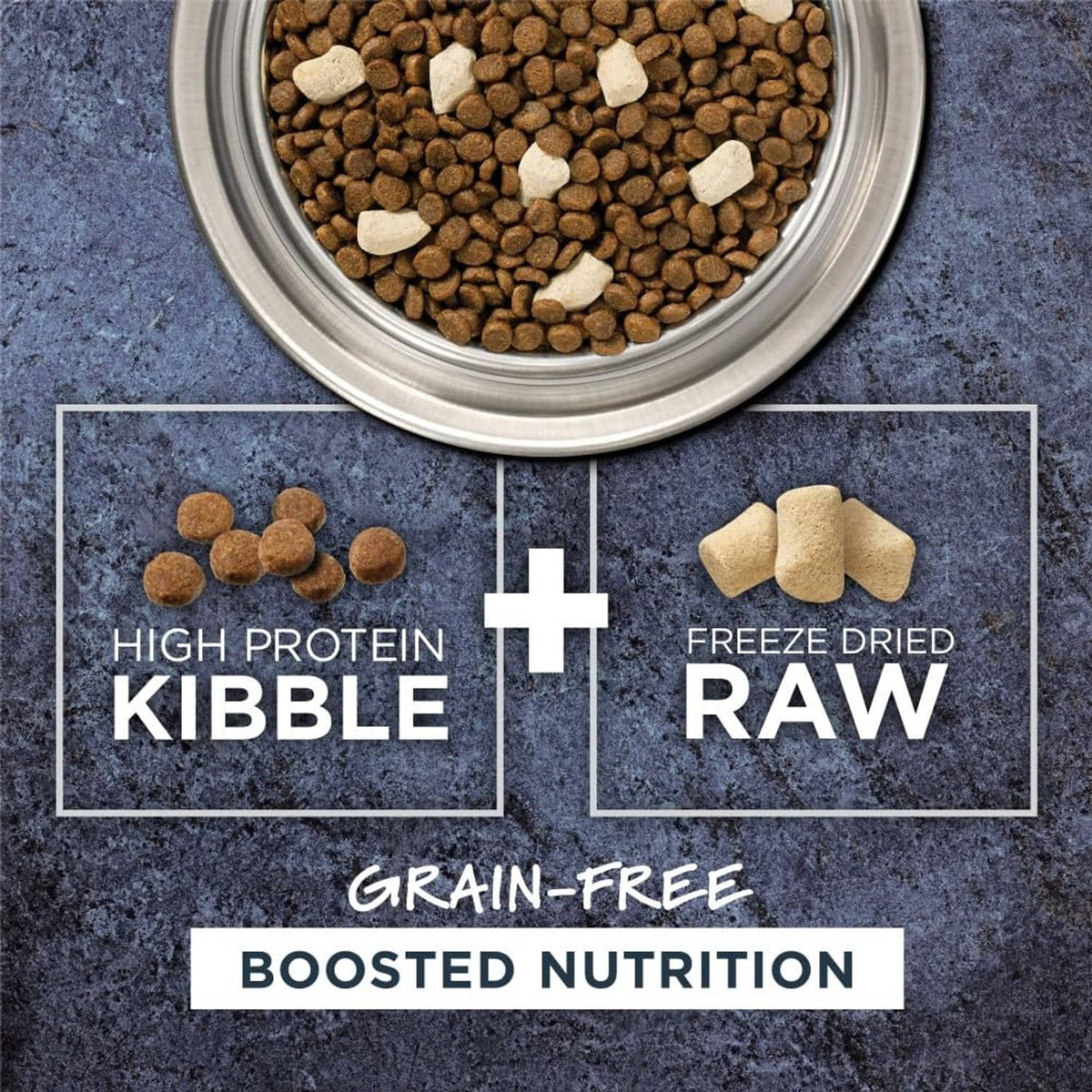 Dry cat food with kibble and freeze-dried raw chicken pieces