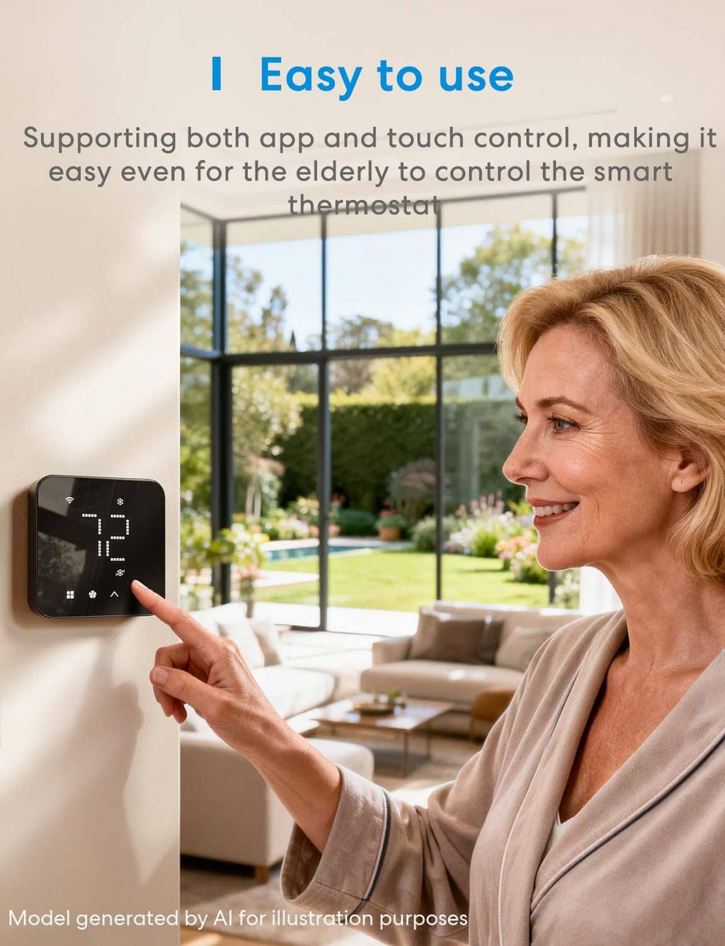 Woman pointing at a wall-mounted black smart thermostat