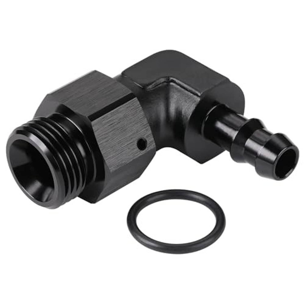 Black 90-degree hose barb adapter fitting with barbed outlet end and O-ring gasket