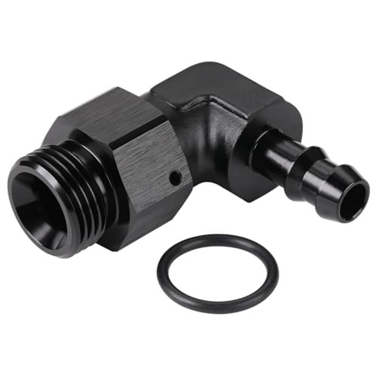 Black 90-degree hose barb adapter fitting with barbed outlet end and O-ring gasket