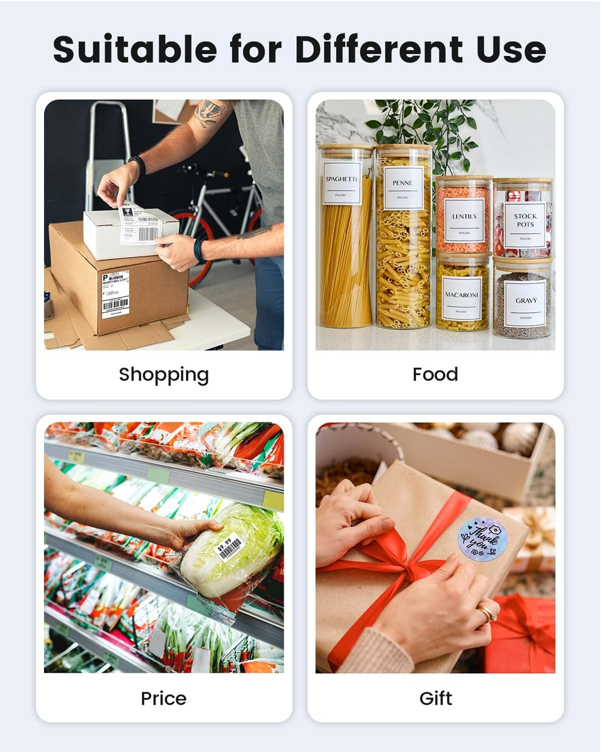 Printed shipping labels for shopping, food, pricing, and gifts held in hand