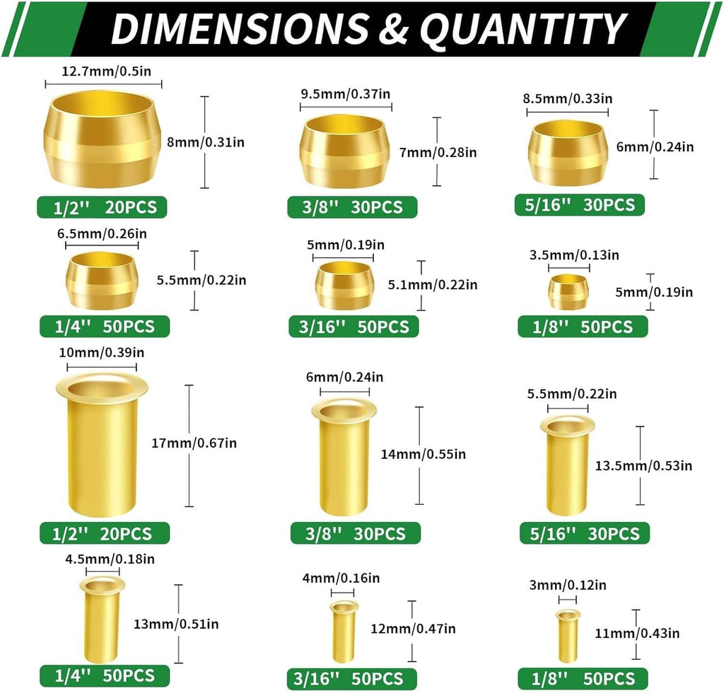 Brass compression ferrules with marked sizes and counts for different tube diameters