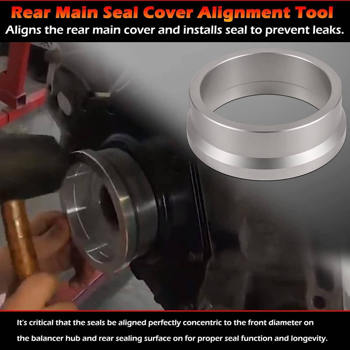 Rear main seal cover alignment tool with machined metal alignment ring and bracket