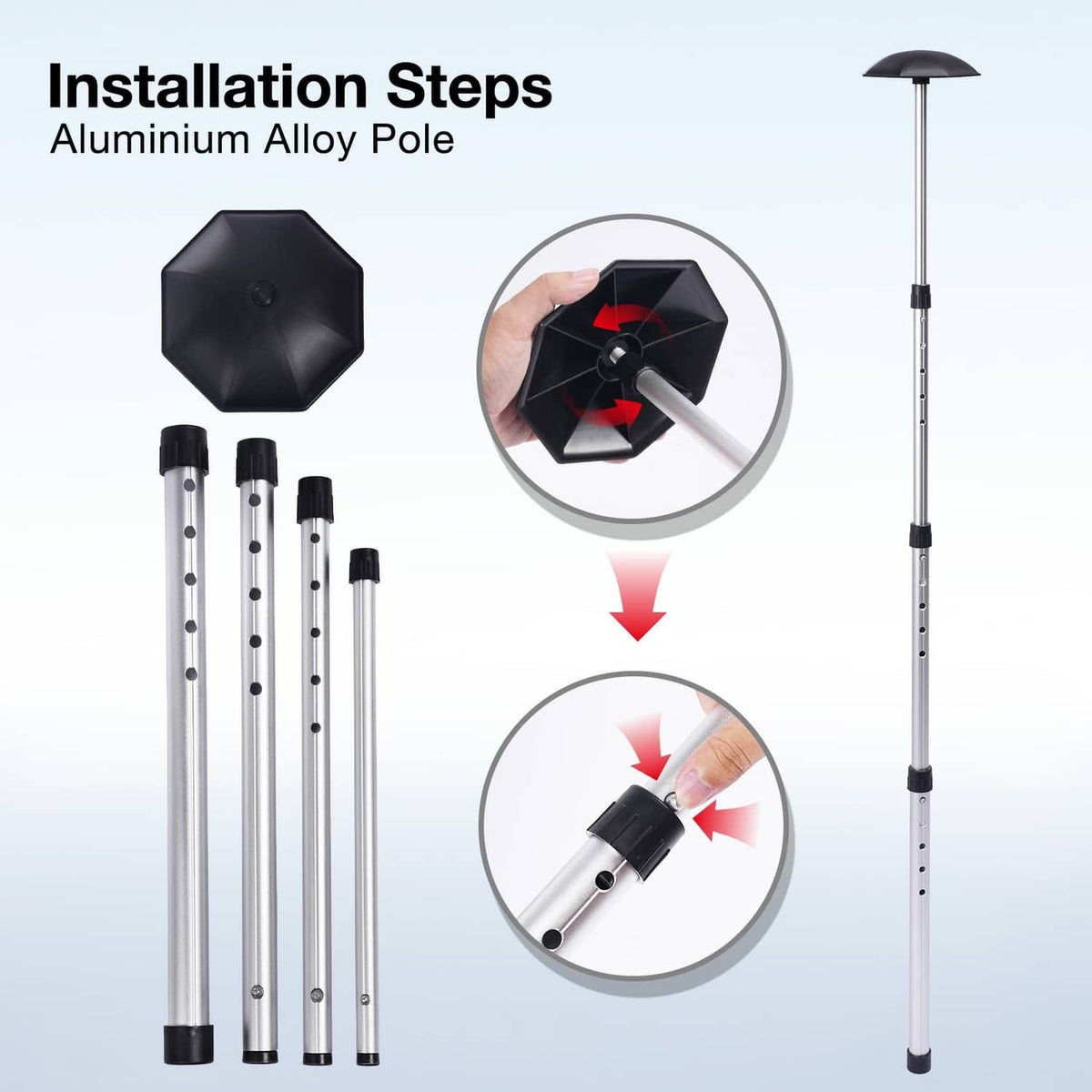 Aluminum alloy pole kit with black top cap and multiple telescoping support sections