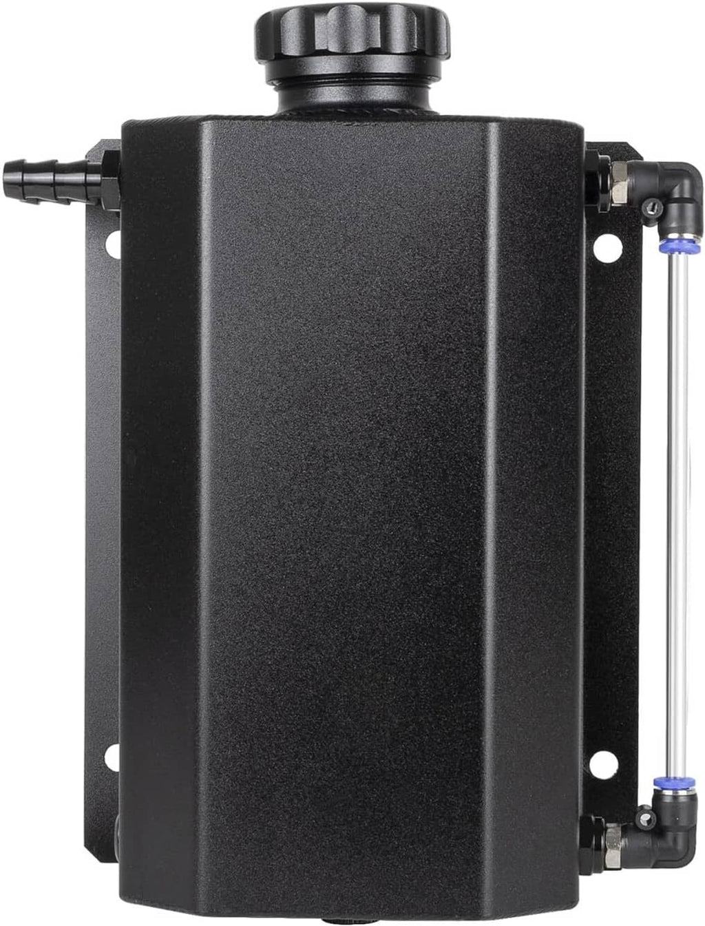 Rectangular black coolant expansion reservoir tank with top cap and side fittings