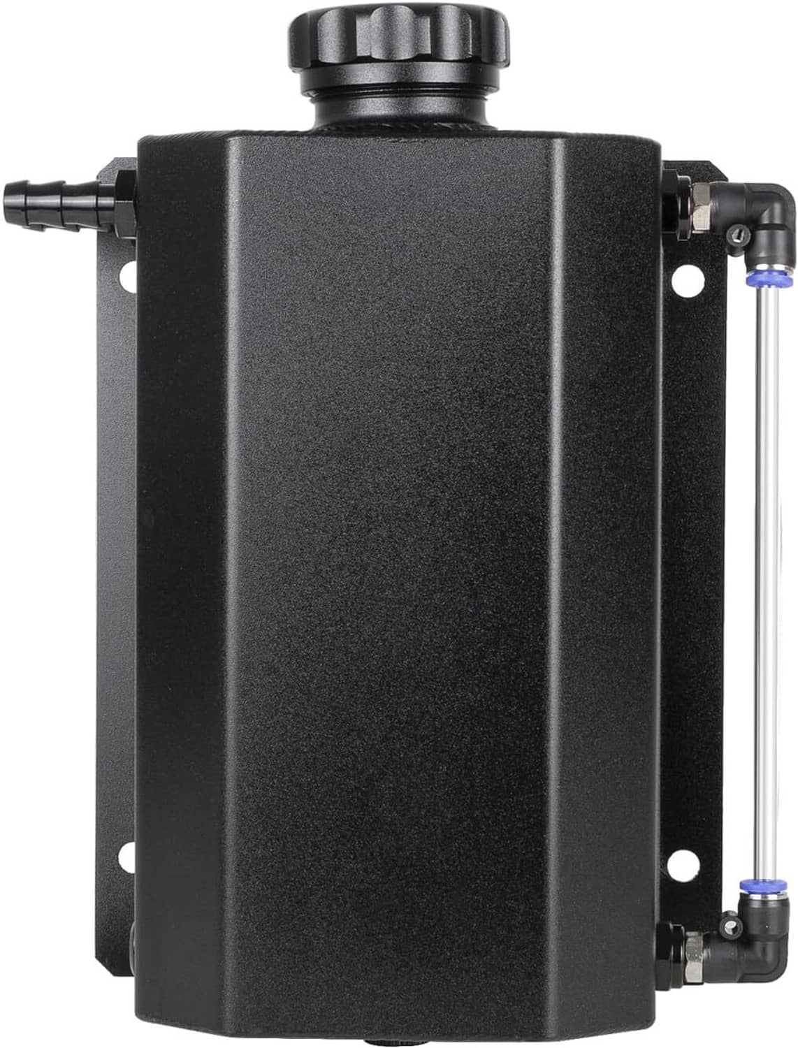 Rectangular black coolant expansion reservoir tank with top cap and side fittings