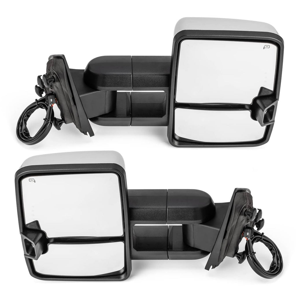 Black heated towing mirror pair with manual-style housings and attached wiring