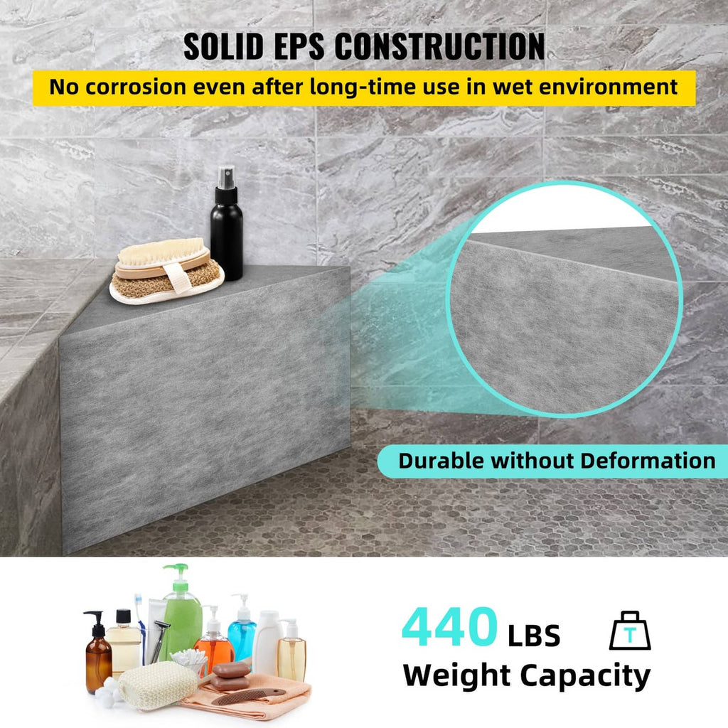 Gray triangular shower bench board corner seat, durable textured surface detail