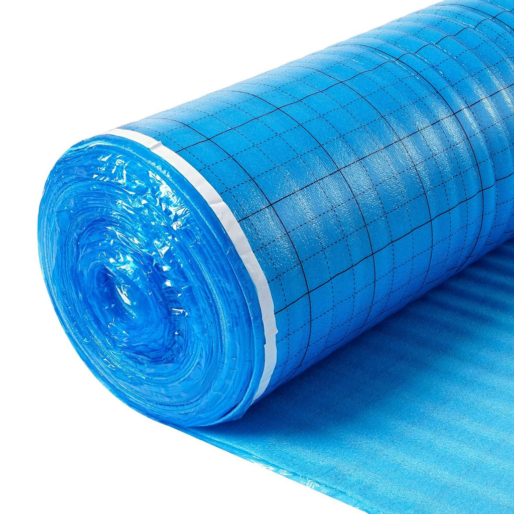Blue floor underlayment vapor barrier roll with white edge strip and grid texture