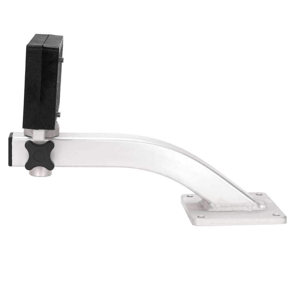 Trolling motor bracket with black adjustment housing and silver mounting base plate