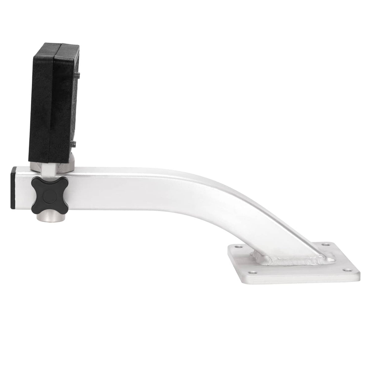 Trolling motor bracket with black adjustment housing and silver mounting base plate