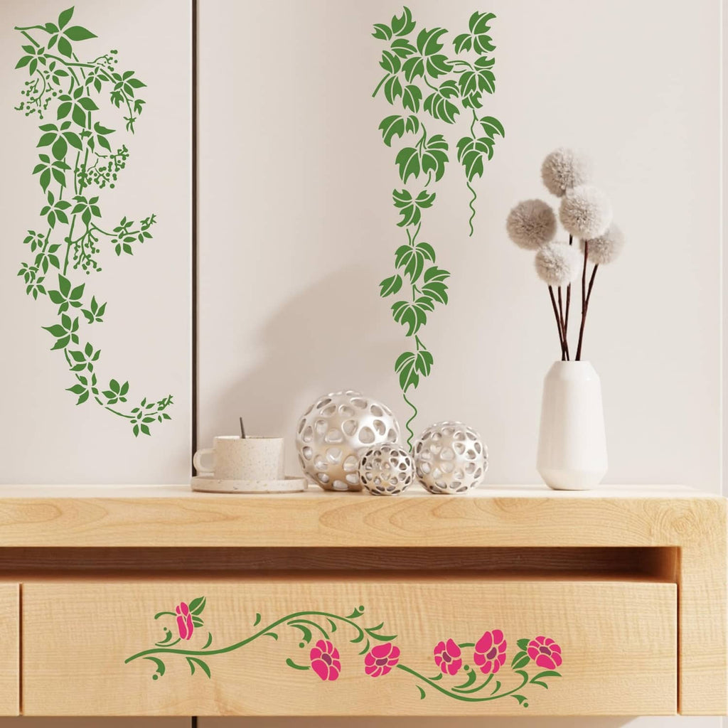 Green leaf vine wall stencil design with trailing branches for decor surfaces