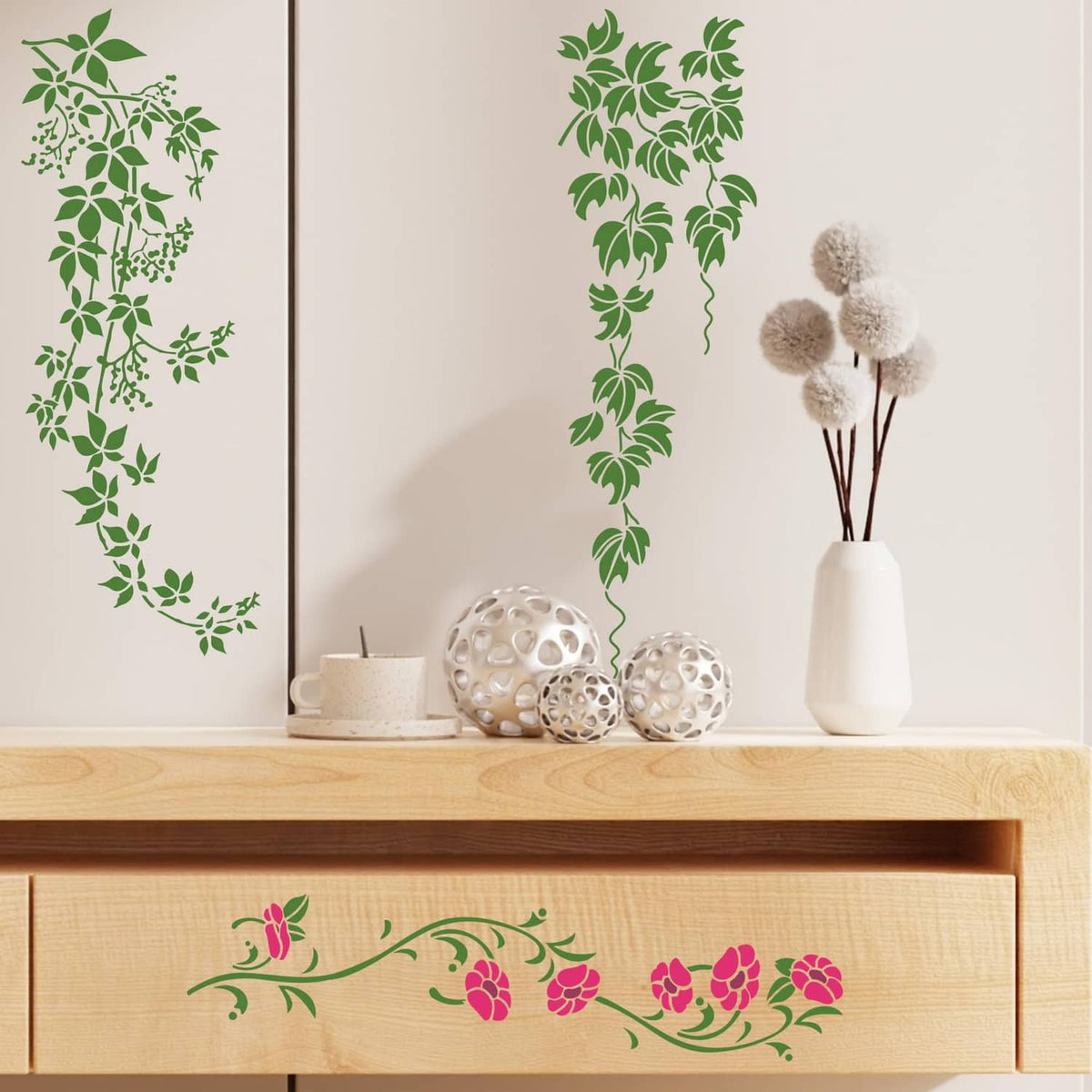 Green leaf vine wall stencil design with trailing branches for decor surfaces