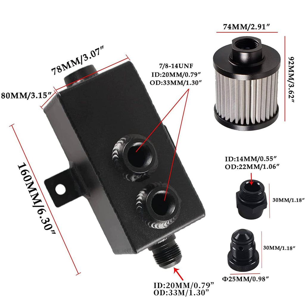 Oil catch can reservoir tank with filter top, dual ports, and drain plug