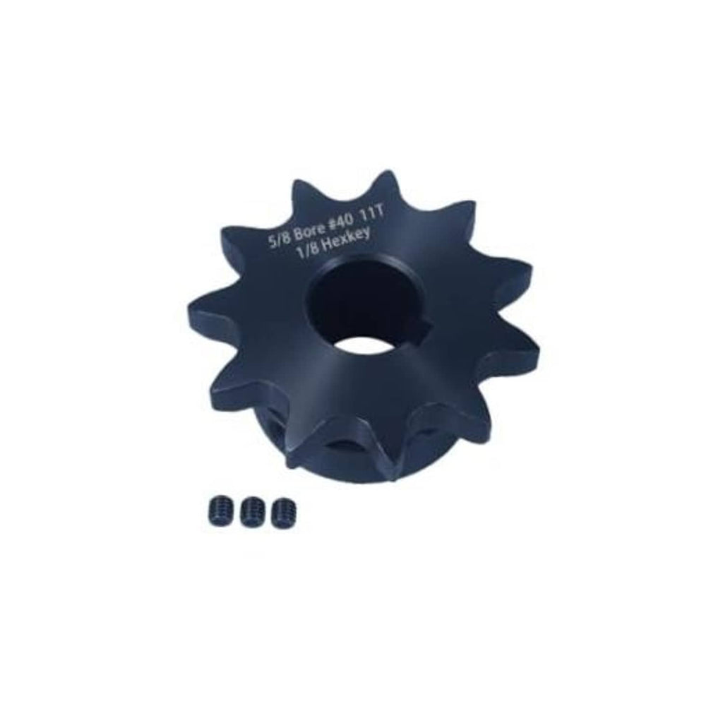 Black roller chain sprocket, 11 teeth, 5/8" bore, with hex keyway