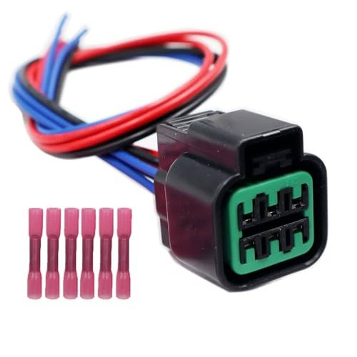 6-pin headlight wiring harness connector with red/blue wires and pink terminal caps