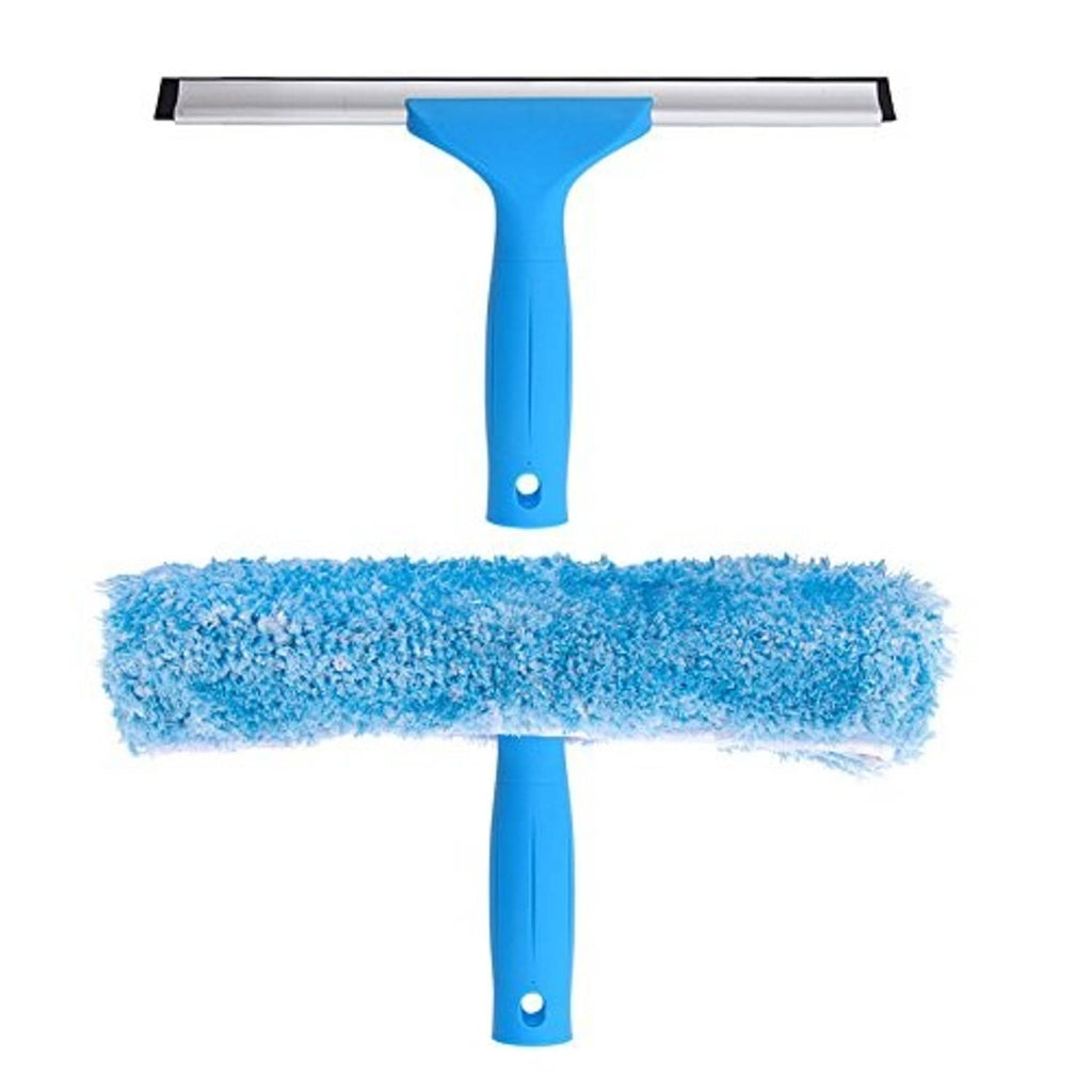 Blue T-handle window squeegee with microfiber scrub pad, 10-in cleaning tool