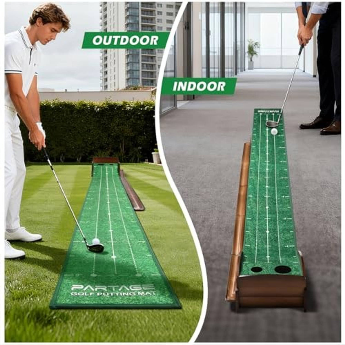 Indoor golf putting mat shown for indoor use with green surface, brown rails, cup hole
