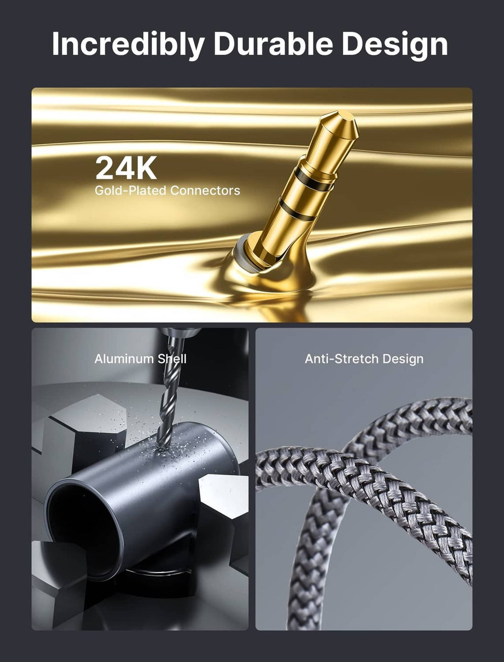 JSaux braided cable with 24K gold-plated RCA and aluminum shell, anti-stretch