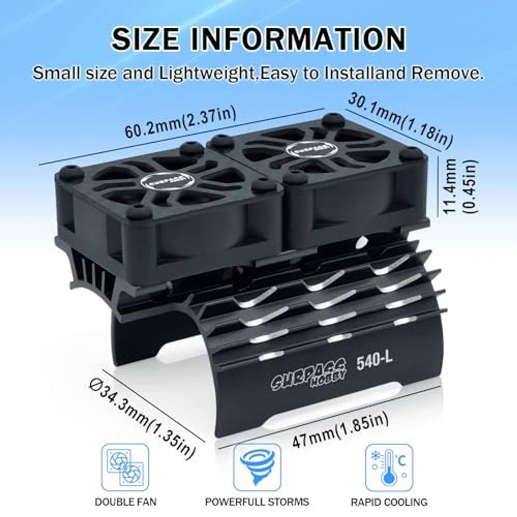 Black twin-fan RC motor cooling fan with two top vents and long metal cooling fins