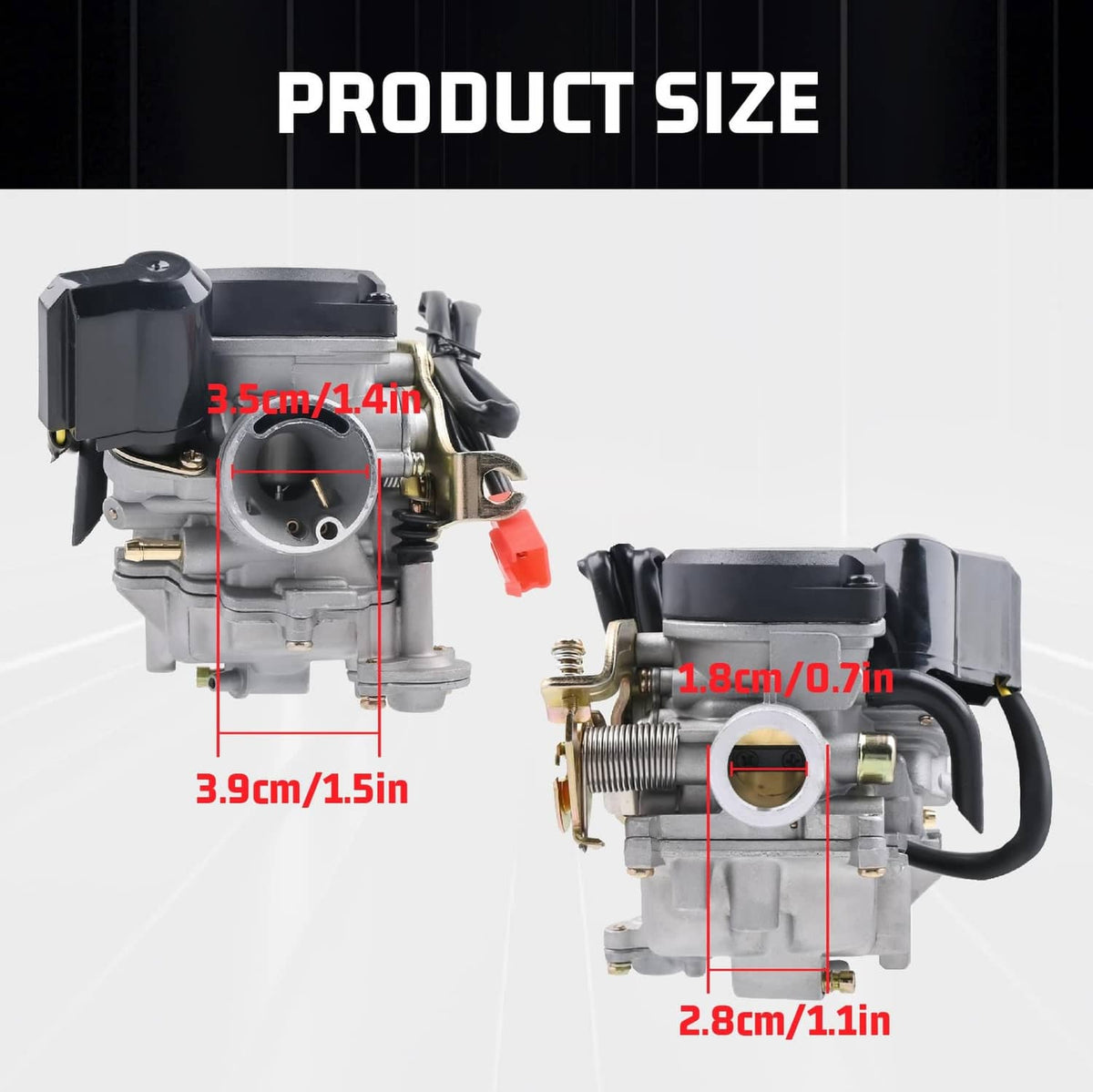 Scooter carburetor with red choke lever and side mounting points