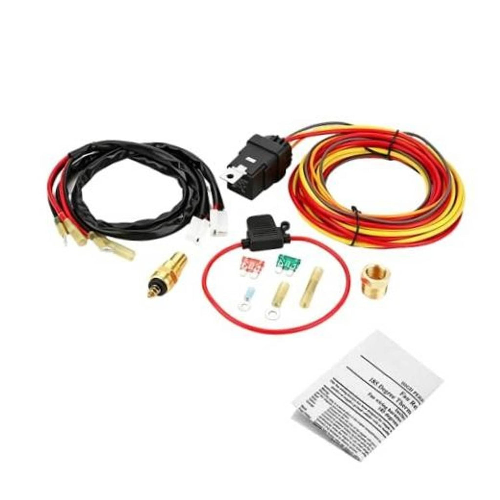 Electric cooling fan wire harness kit with multi-color wiring, connectors, and fuse holders