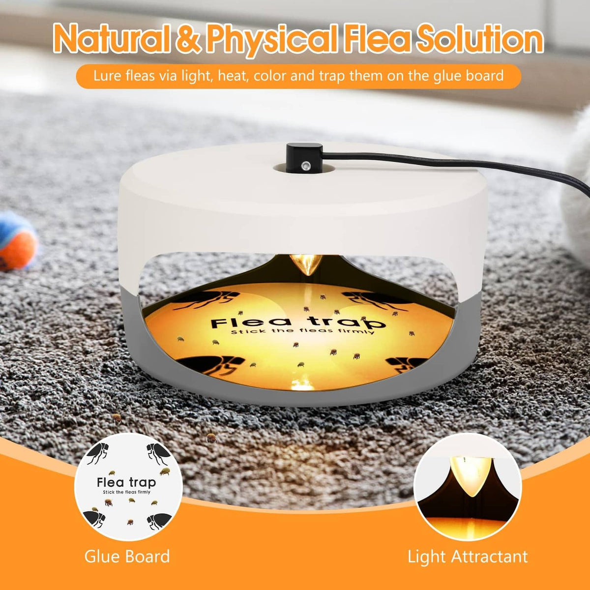 Flea trap glue board with amber light attractant and round replacement pad