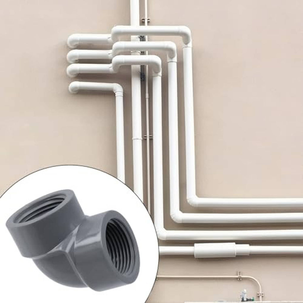 Gray PVC 90-degree elbow adapter on white pipe, female threaded connection