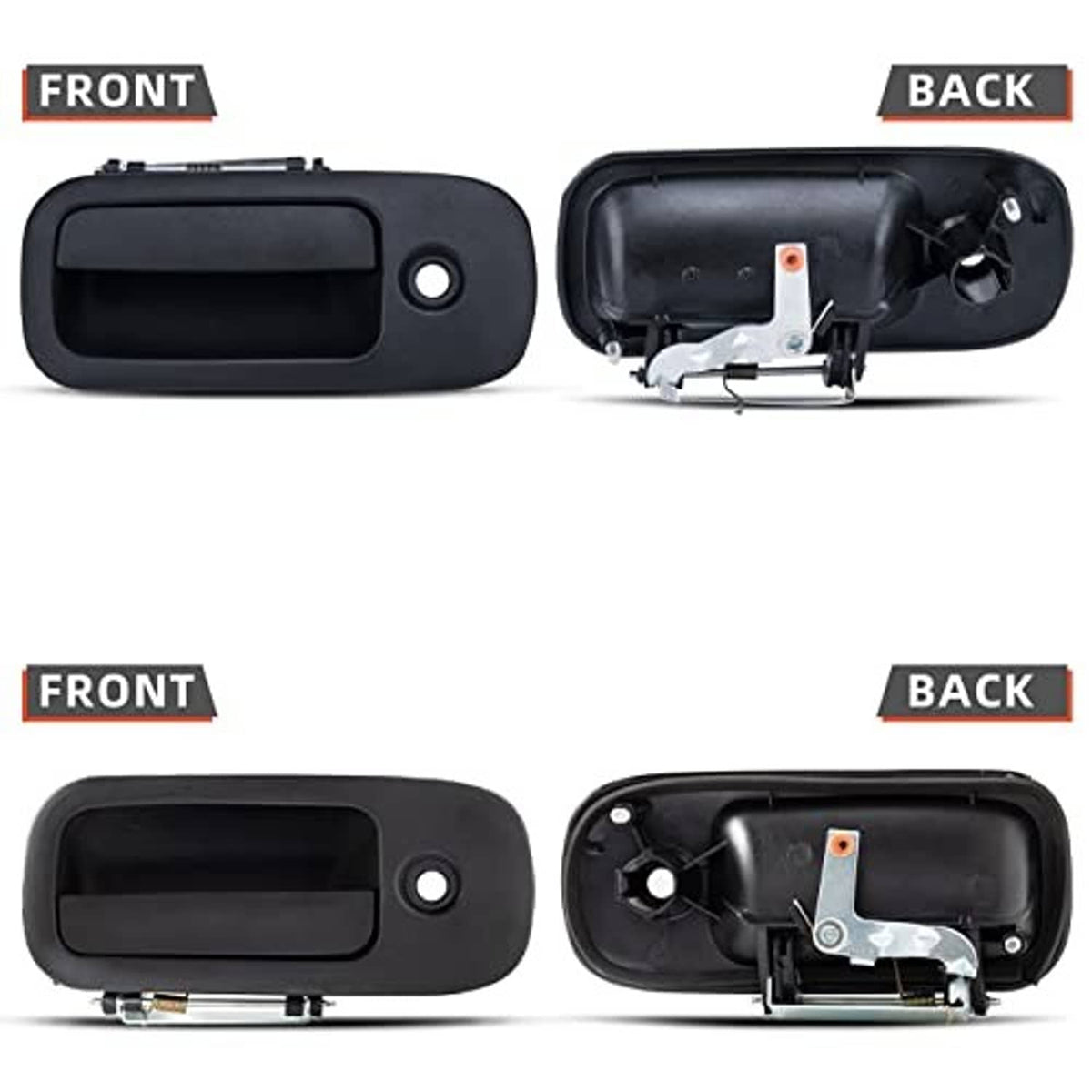 Exterior door handle pair showing front shell and rear mounting mechanism