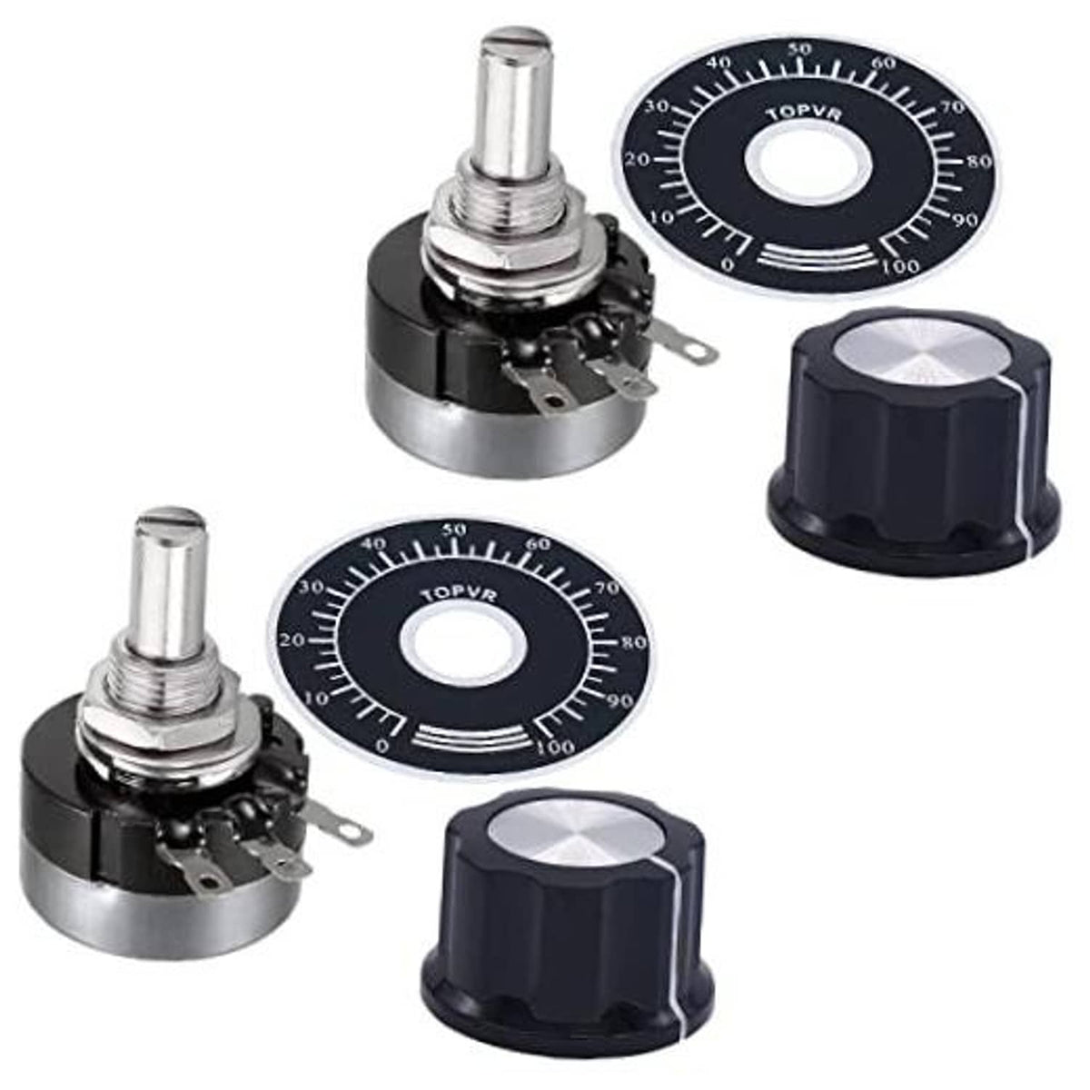 Rotary potentiometer with black adjustment knob and silver metal threaded shaft, 2-pack.