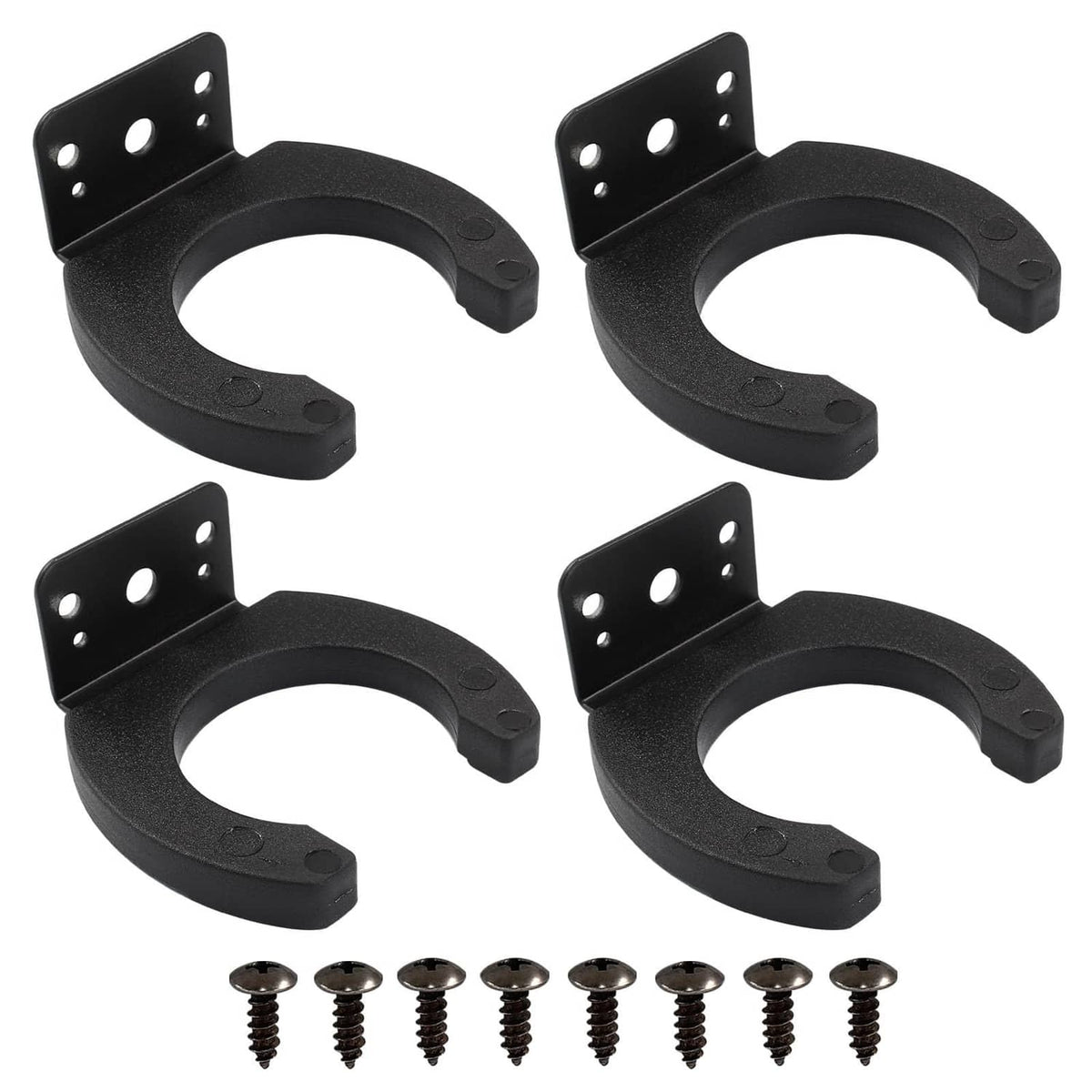 Set of four black microphone stand holders with mounting screws