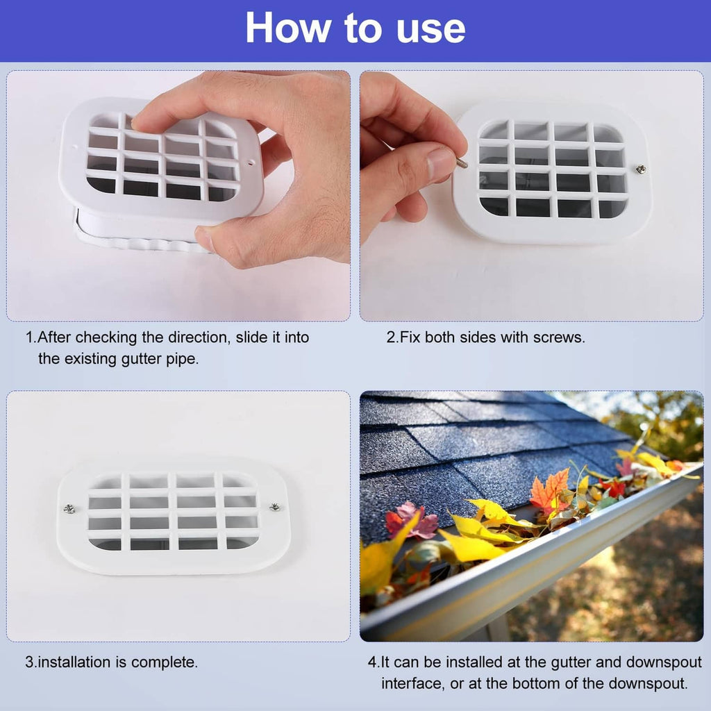 White gutter downspout drop outlet filter being slid into the gutter and secured with screws