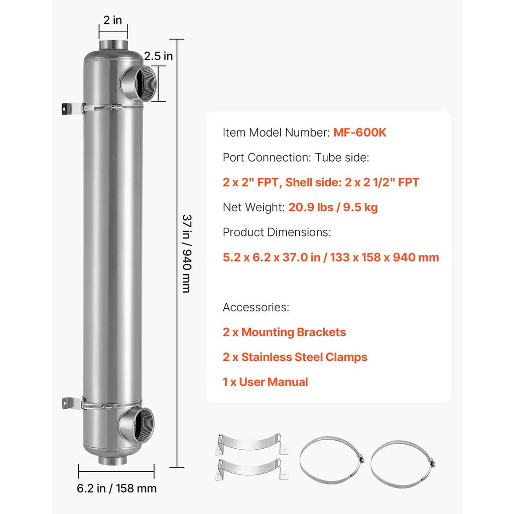 Stainless steel heat exchanger unit with side connections and included mounting hardware