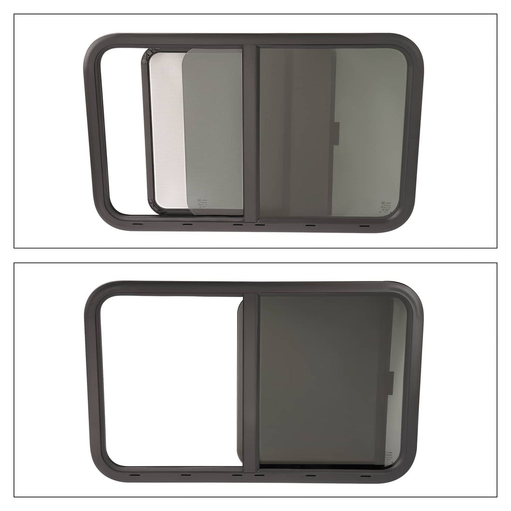 RV horizontal slider window with dark frame and two tinted panes shown front view