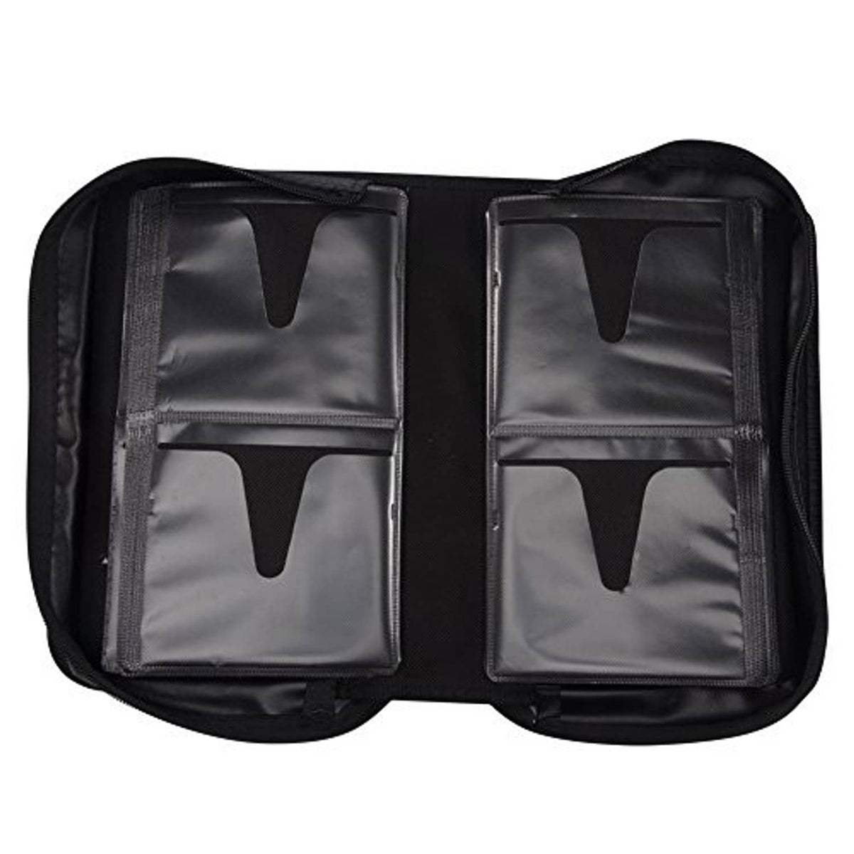Black CD/DVD wallet open to interior disc slots with gray panel dividers.