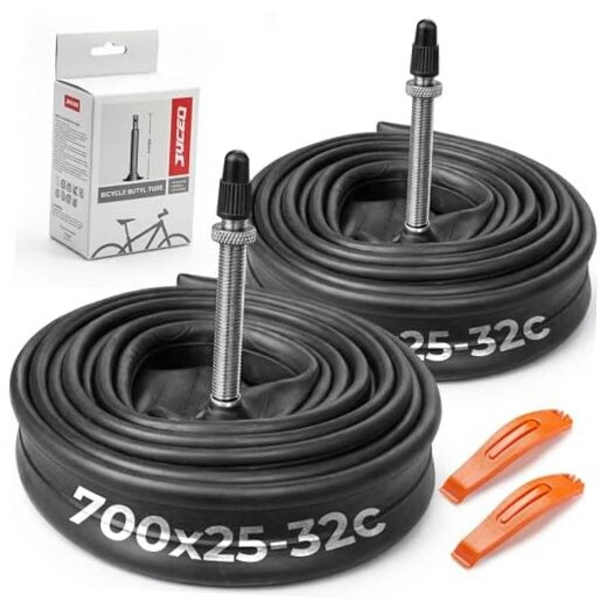 Two rolled black bike inner tubes with 48mm Presta valves and two orange tire levers
