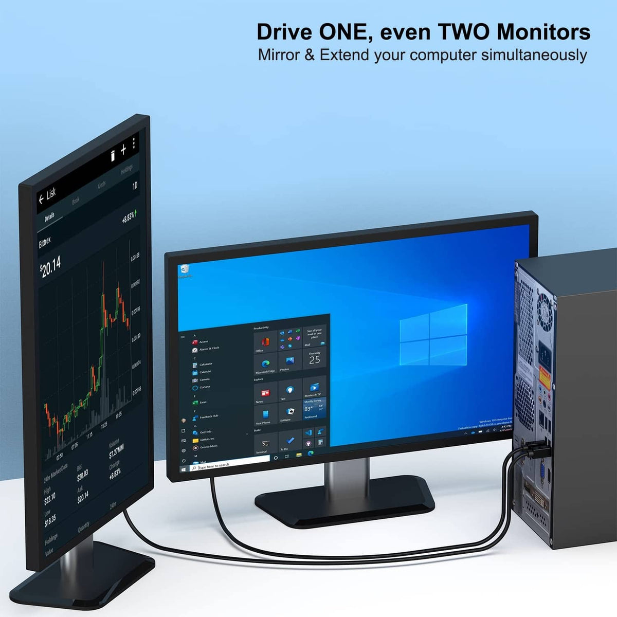 Black mini DisplayPort cable linking monitor setup with gold connectors