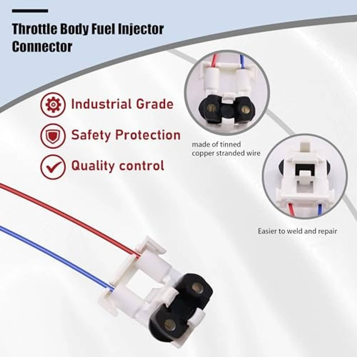 Throttle body fuel injector connector with red and blue wires and dual pin mounts