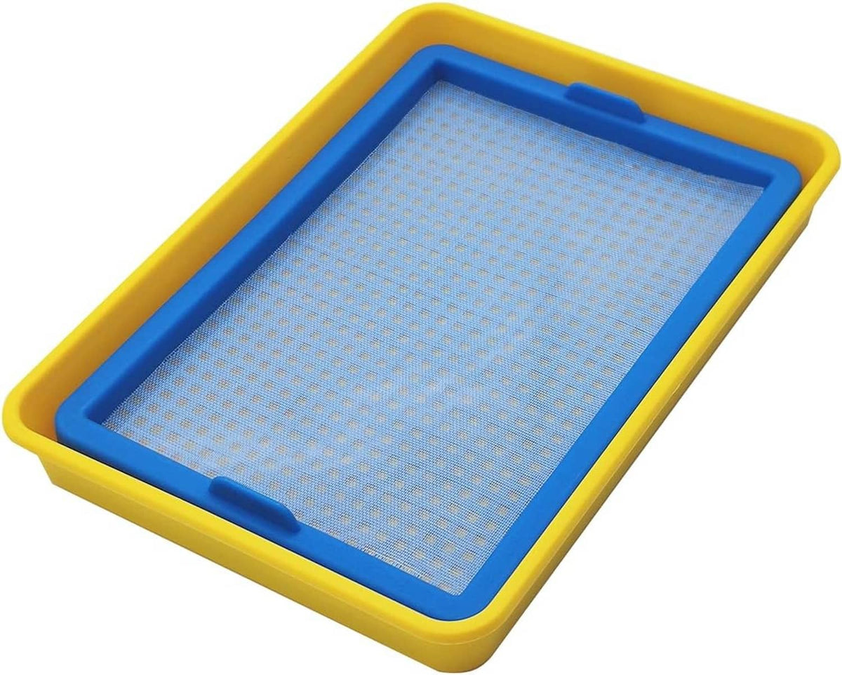 Plastic paper-making frame with blue mesh and yellow plastic border, 5x7 inch