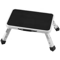 Foldable step stool ladder with black ribbed footboard and gray aluminum legs
