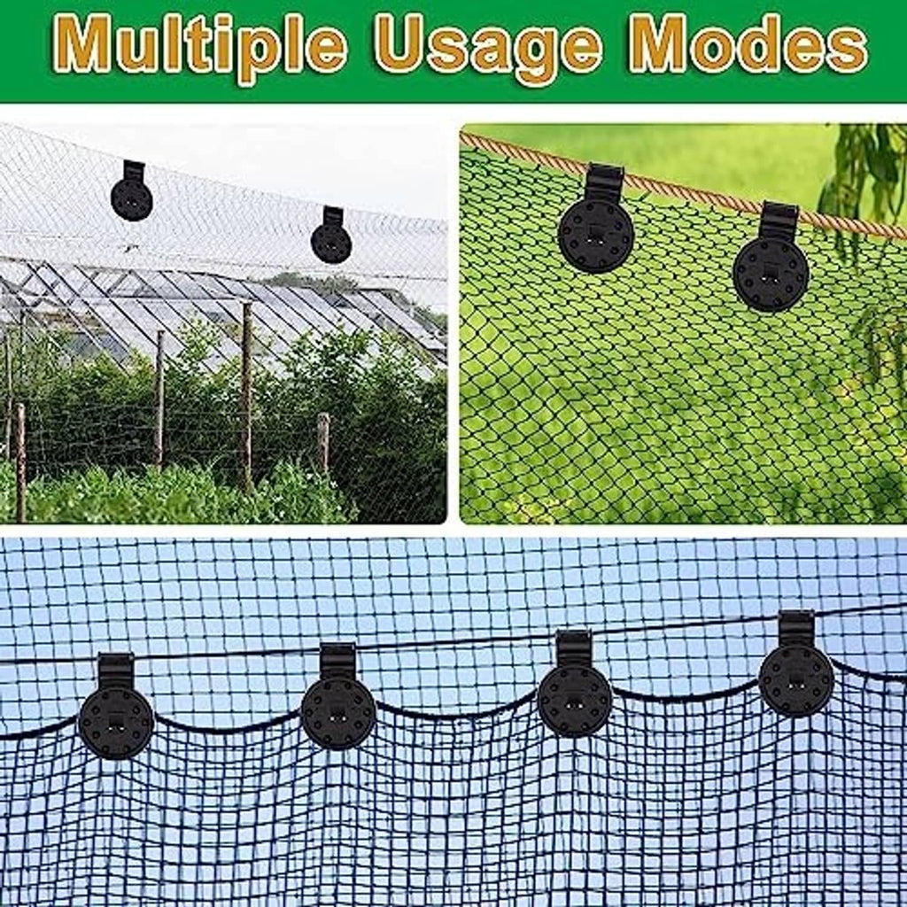 Shade cloth clips, black round heads attached along blue or green mesh shade net