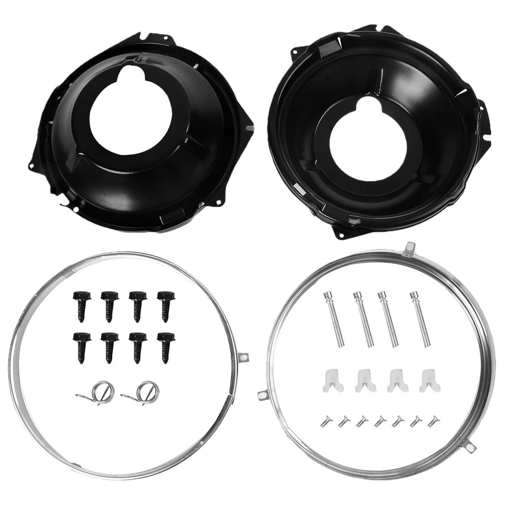 Headlight retaining ring mounting bucket kit with two black buckets and mounting hardware set